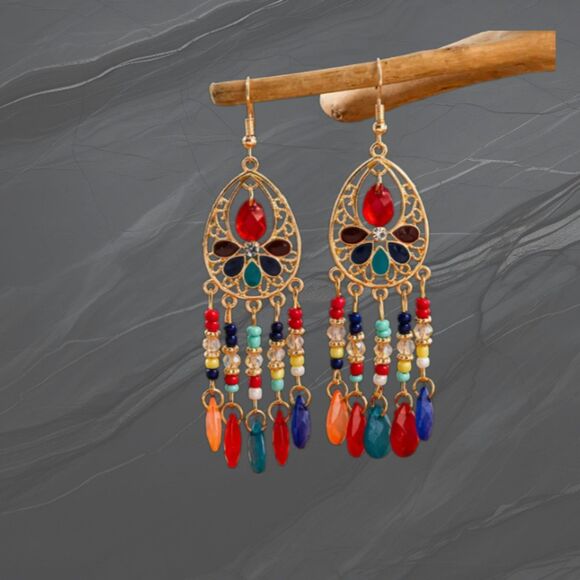 Boho Dangle Bead Earrings 3.5" Multicolor - Picture 3 of 6